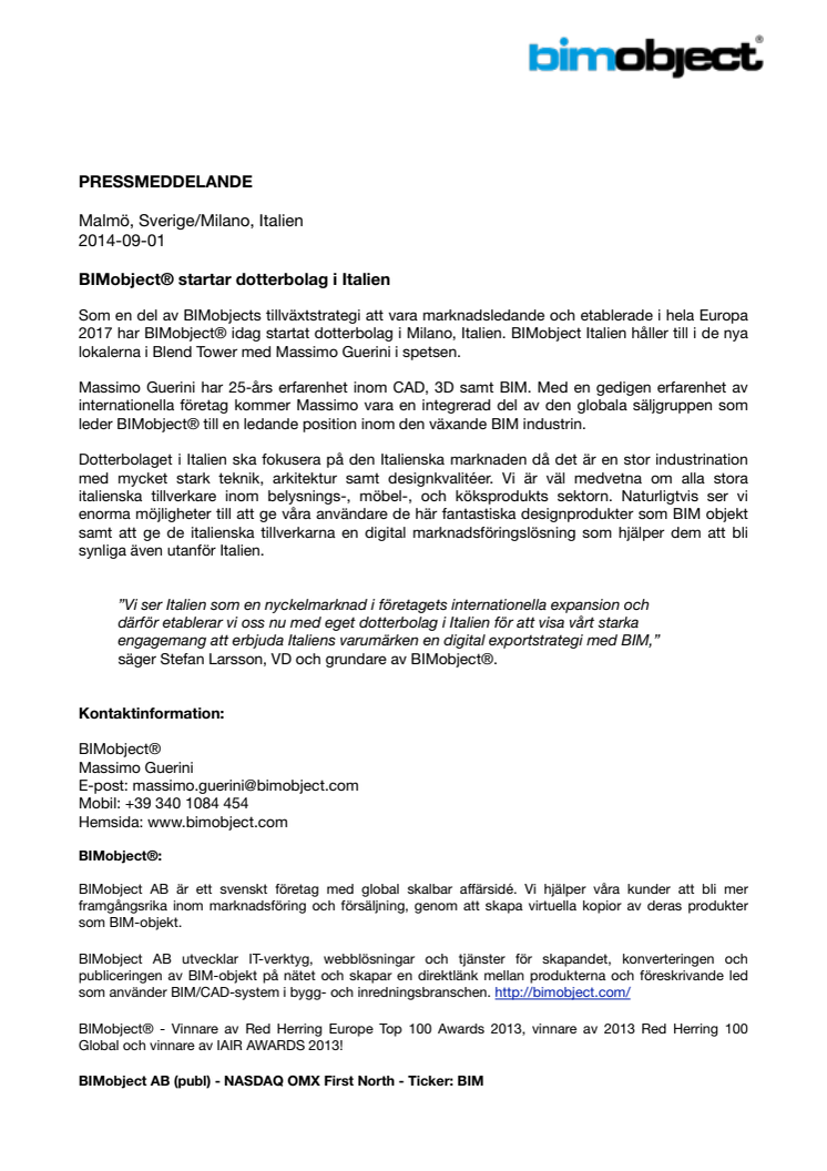 BIMobject® startar dotterbolag i Italien