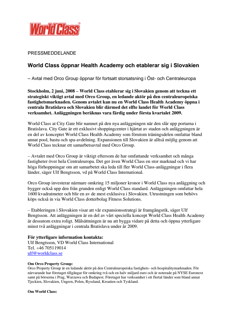 WORLD CLASS ÖPPNAR HEALTH ACADEMY OCH ETABLERAR SIG I SLOVAKIEN