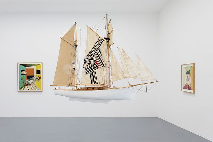 Jens Fänge, "Hinterland", Boat model, fabric and embroidery. Installation view "The Hours Before" Galerie Perrotin, Paris