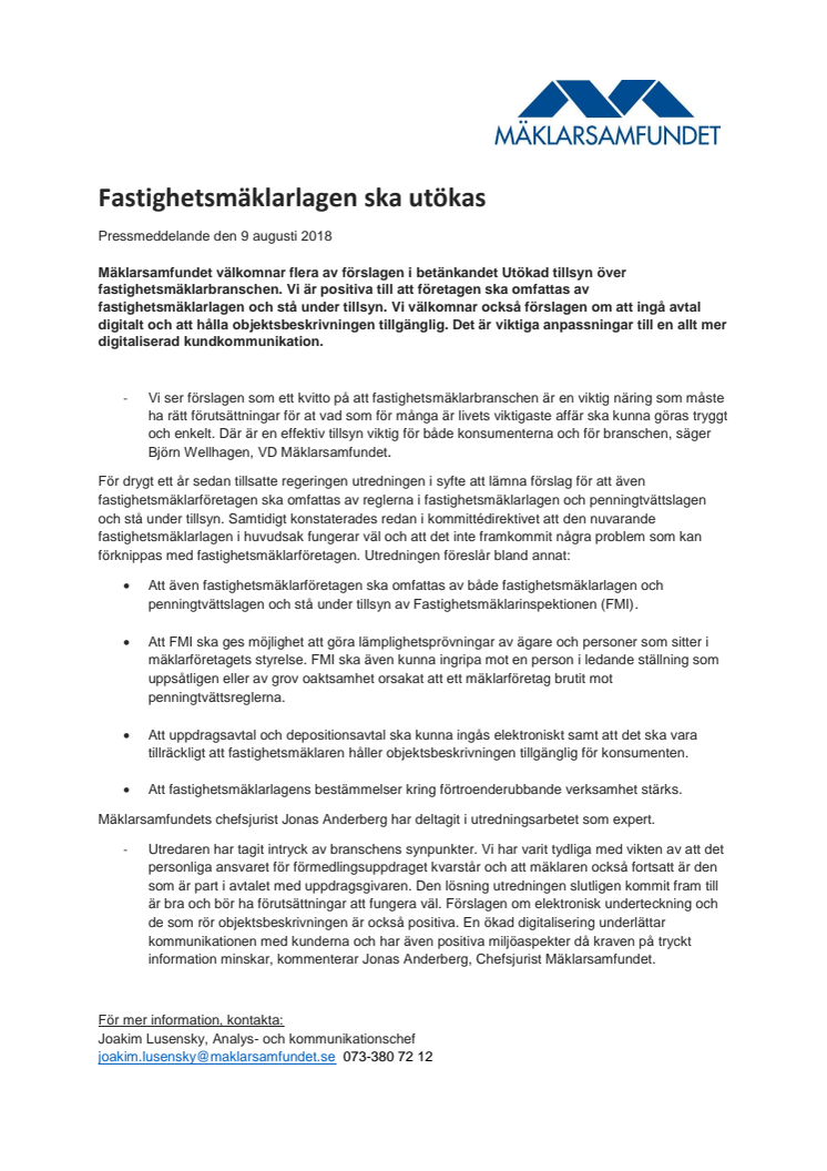 Fastighetsmäklarlagen ska utökas 