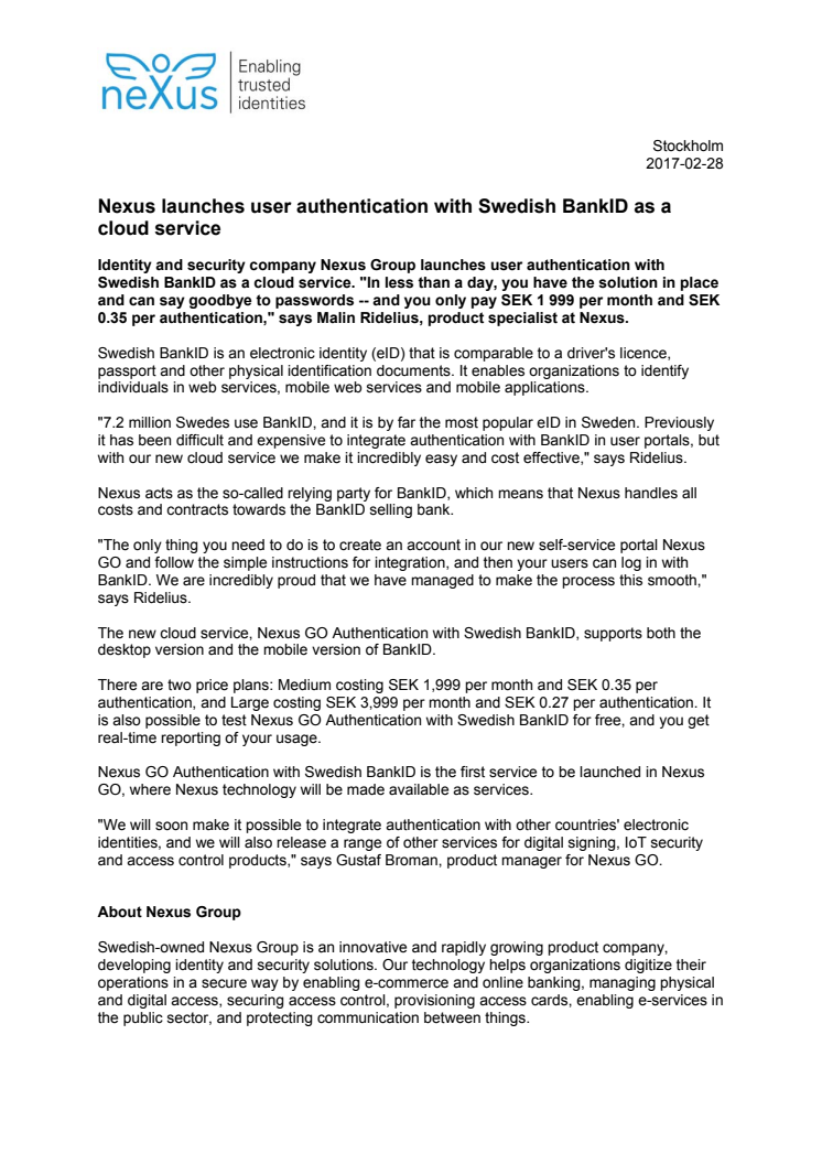 Nexus launches user authentication with Swedish BankID as a cloud service