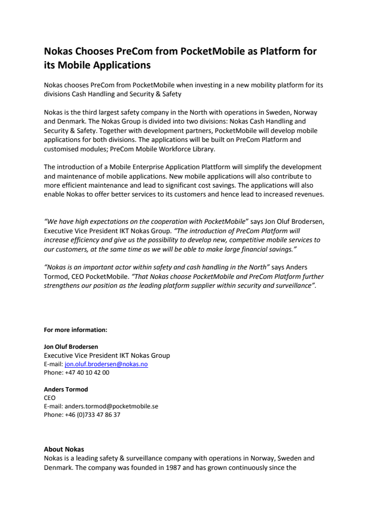 Nokas Chooses PreCom from PocketMobile as Platform for its Mobile Applications