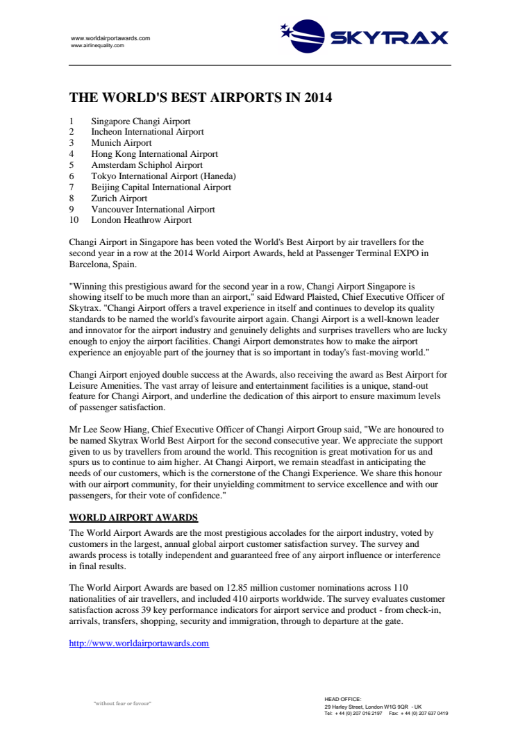 Singapore Changi Airport named the World's Best Airport for 5th time at the 2014 Skytrax World Airport Awards