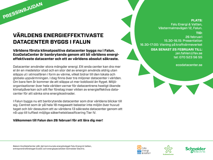 Pressinbjudan - Världens första klimatpositiva datacenter byggs i Falun