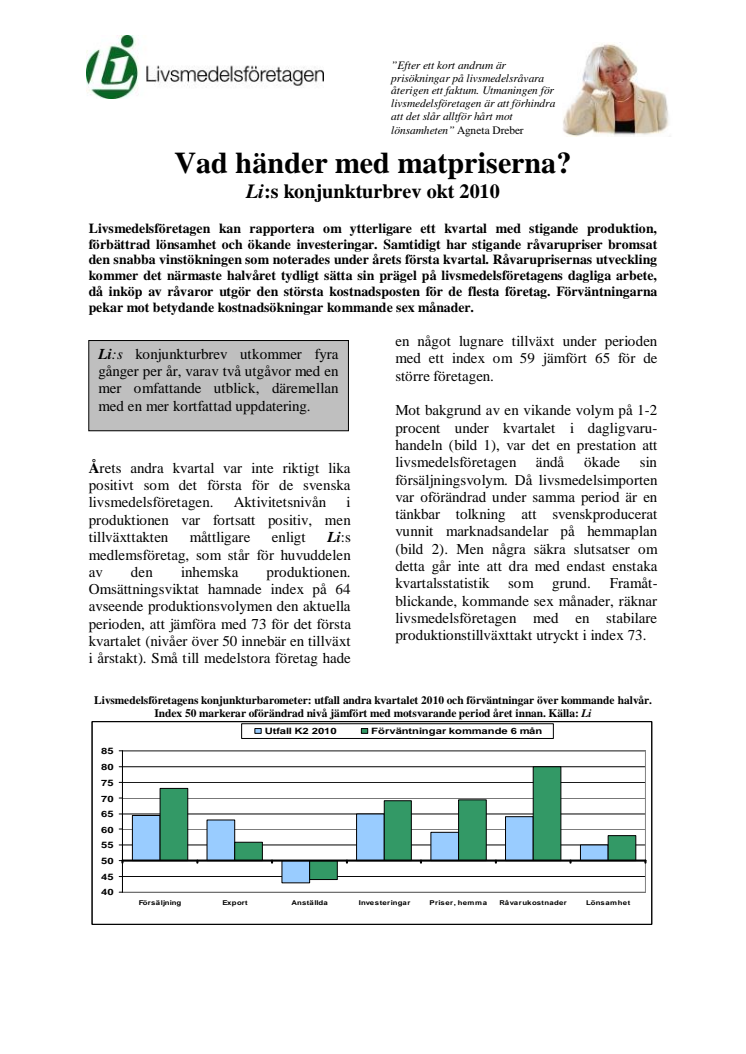 Livsmedelsföretagens konjunkturbrev oktober 2010