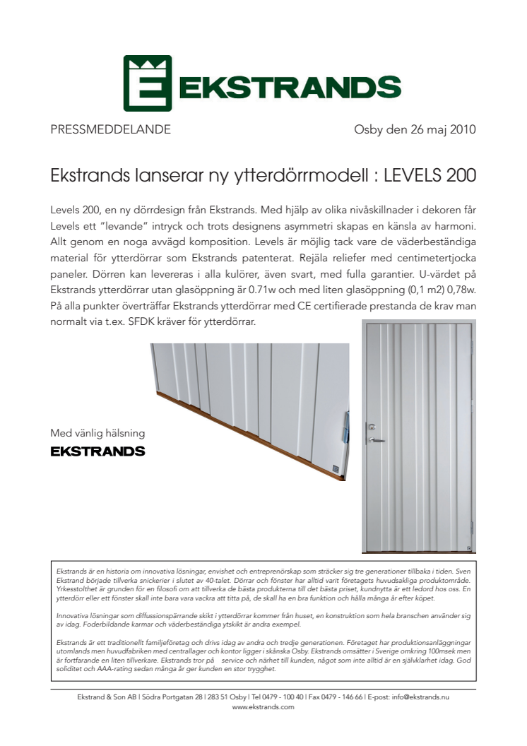 Ekstrands lanserar ny ytterdörrmodell: Levels 200