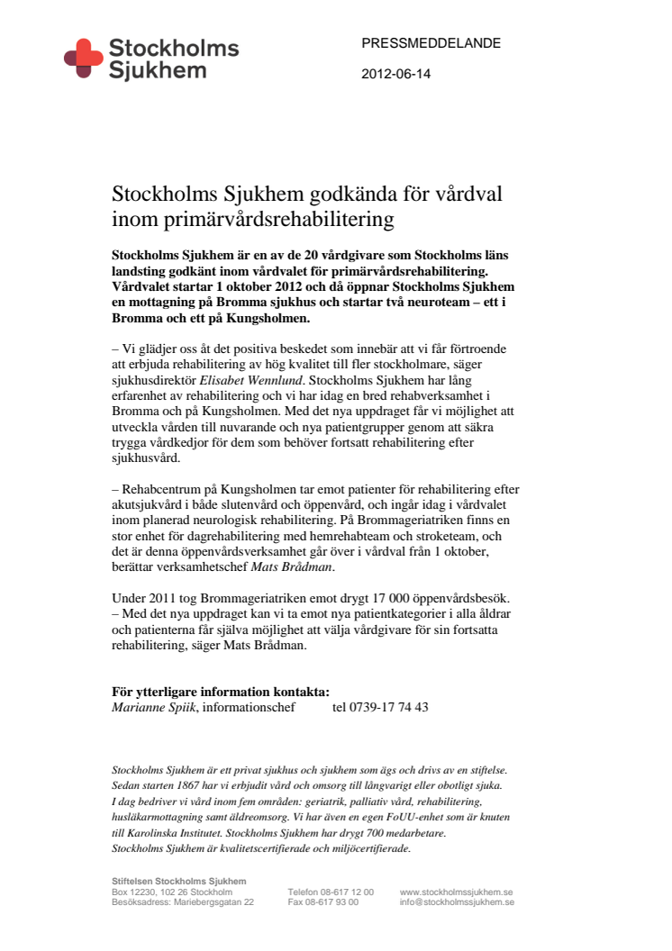 Stockholms Sjukhem godkända för vårdval inom primärvårdsrehabilitering