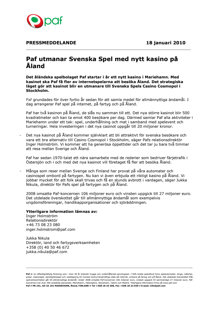 Paf utmanar Svenska Spel med nytt kasino på Åland
