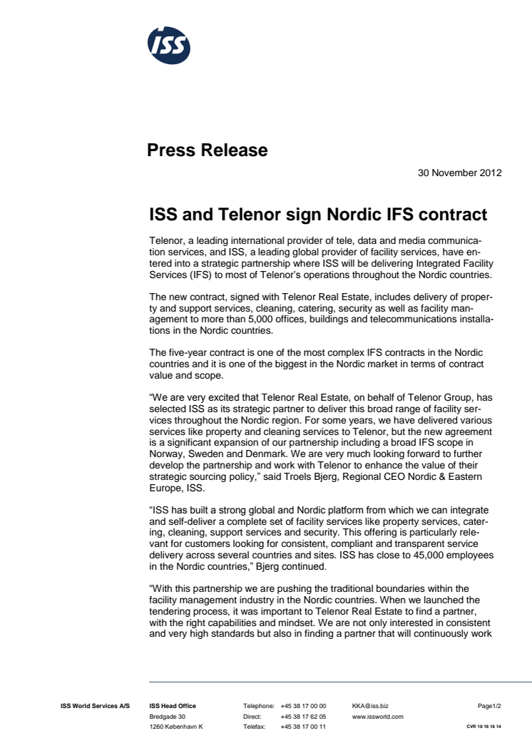 ISS and Telenor sign Nordic IFS contract