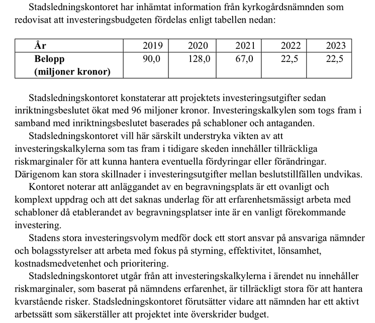 Kalkyl 2019: 330 miljoner (R3 Utl Genomförandebeslut Järva begravningsplats - etapp 1)