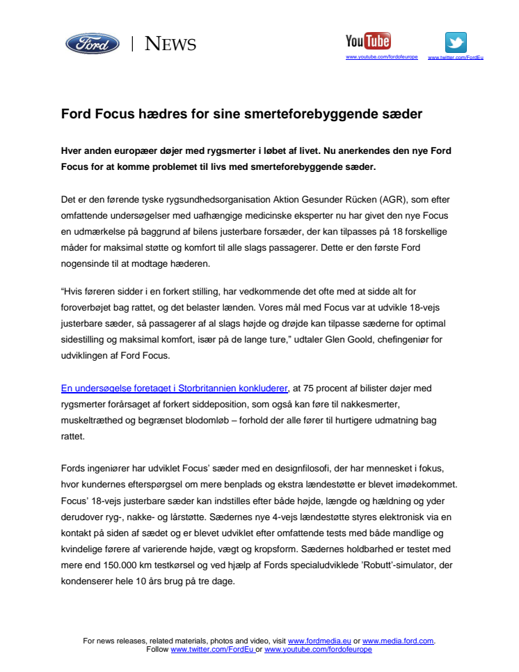 Ford Focus hædres for sine smerteforebyggende sæder