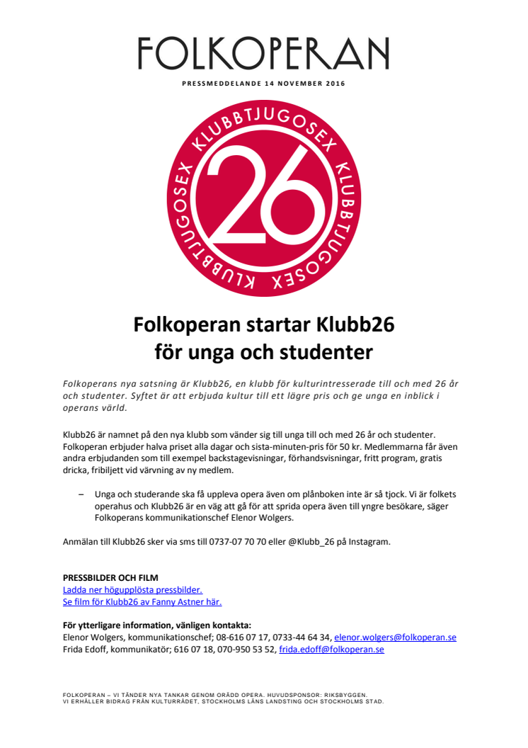 Folkoperan startar Klubb26 för unga och studenter