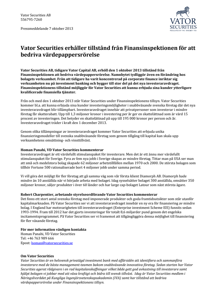 Vator Securities erhåller tillstånd från Finansinspektionen för att bedriva värdepappersrörelse