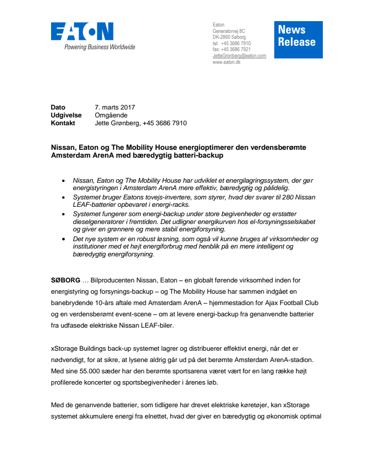 Nissan, Eaton og The Mobility House energioptimerer den verdensberømte Amsterdam ArenA med bæredygtig batteri-backup 