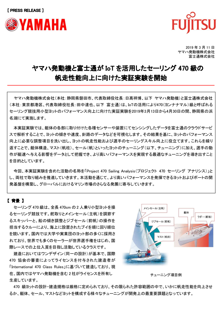 ヤマハ発動機と富士通がIoTを活用したセーリング470級の帆走性能向上に向けた実証実験を開始