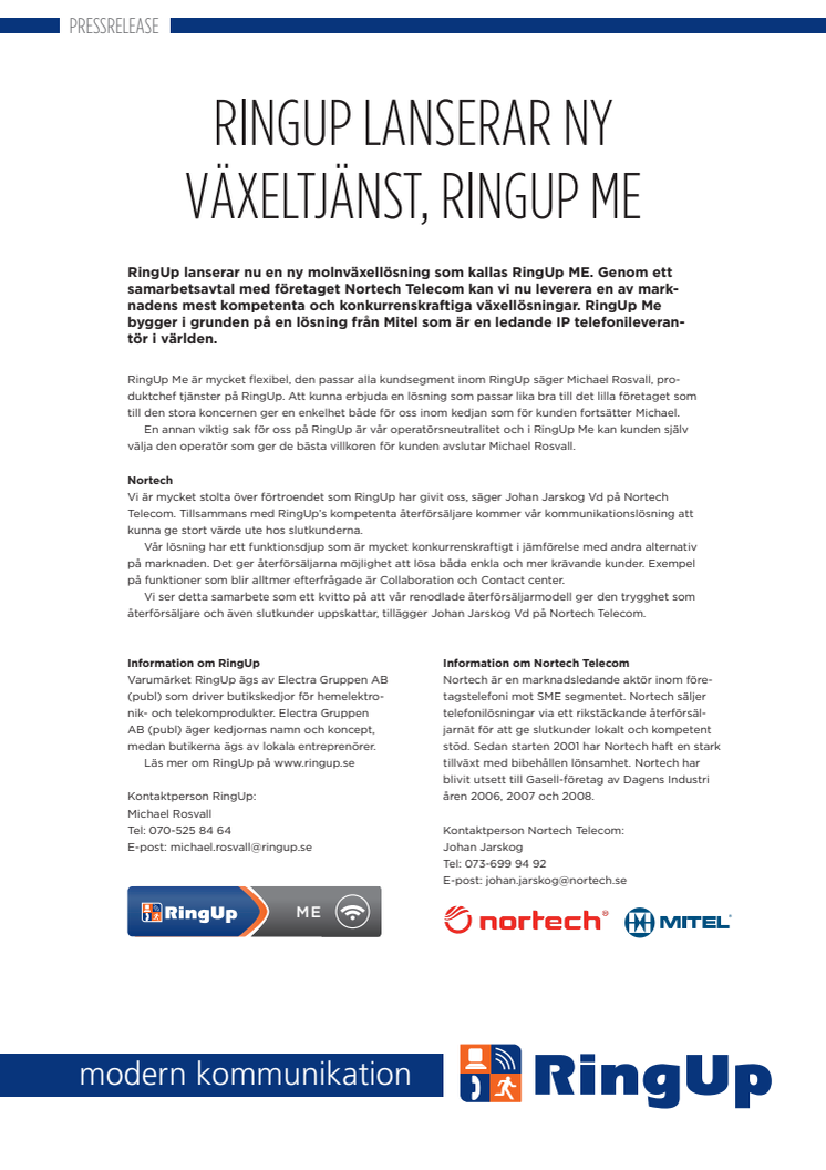 RingUp lanserar ny växeltjänst, RingUp ME