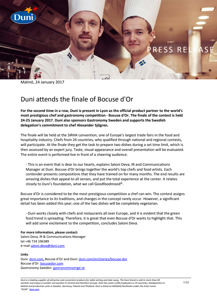 Duni attends the finale of Bocuse d'Or