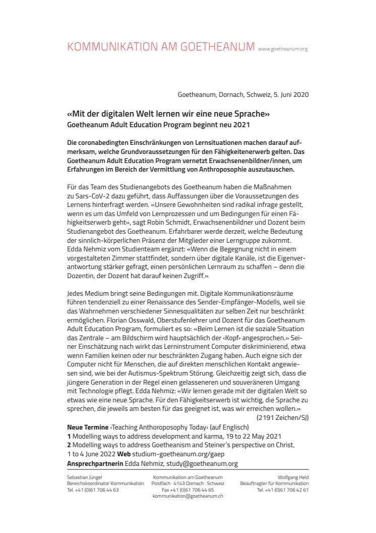 «Mit der digitalen Welt lernen wir eine neue Sprache»: Goetheanum Adult Education Program beginnt neu 2021