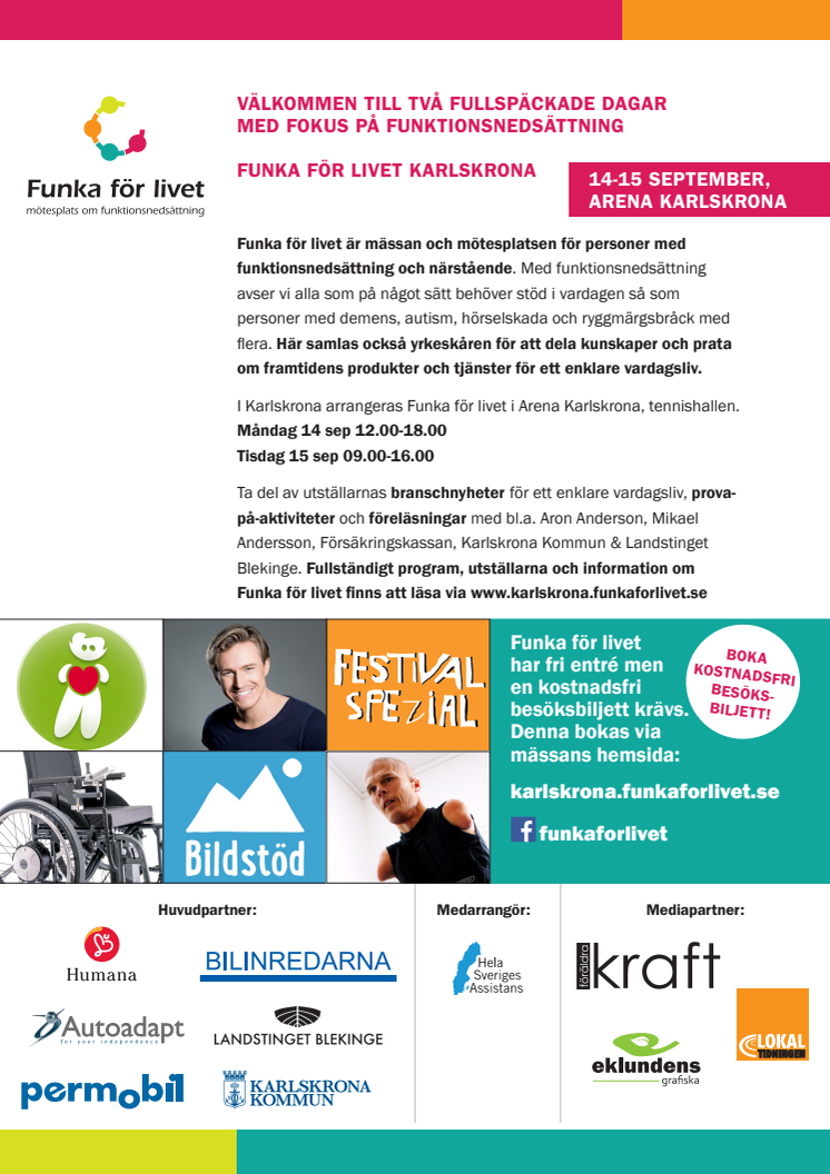 Inbjudan till Funka för livet Karlskrona - mässa/mötesplats om funktionsnedsättning 14-15 september