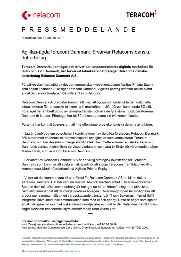 Agilitas-ägdaTeracom Danmark förvärvar Relacoms danska dotterbolag