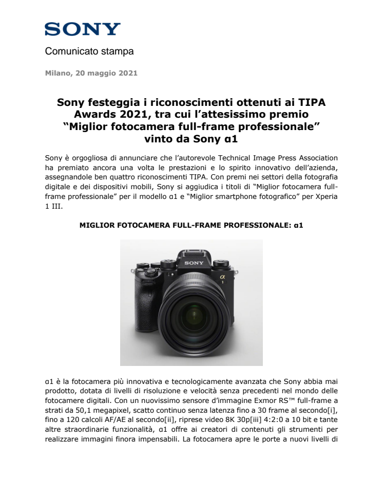 Sony festeggia i riconoscimenti ottenuti ai TIPA Awards 2021, tra cui l’attesissimo premio “Miglior fotocamera full-frame professionale” vinto da Sony α1
