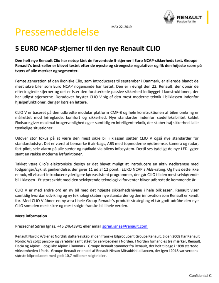 5 EURO NCAP-stjerner til den nye Renault CLIO