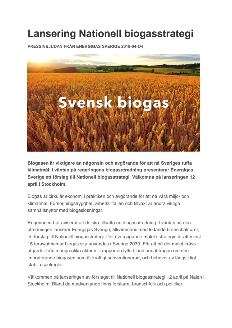 Lansering Nationell biogasstrategi