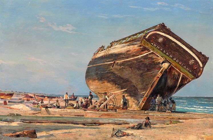 Martinus Rørbye- "Et stort skib under kalfatring ved Frederikshavn".  Sign. M.R. 1847. Olie på malepap. 37 x 55.