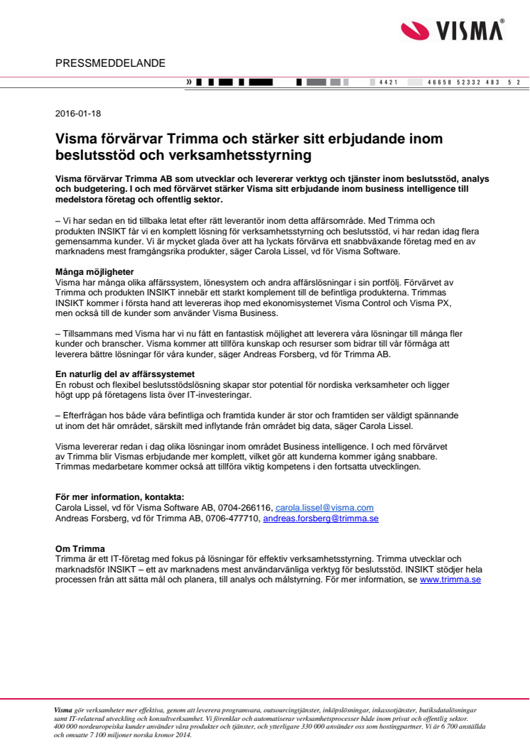 ​Visma förvärvar Trimma och stärker sitt erbjudande inom beslutsstöd och verksamhetsstyrning