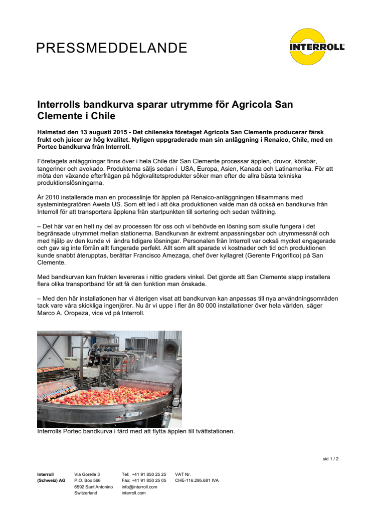 ​Interrolls bandkurva sparar utrymme för Agricola San Clemente i Chile