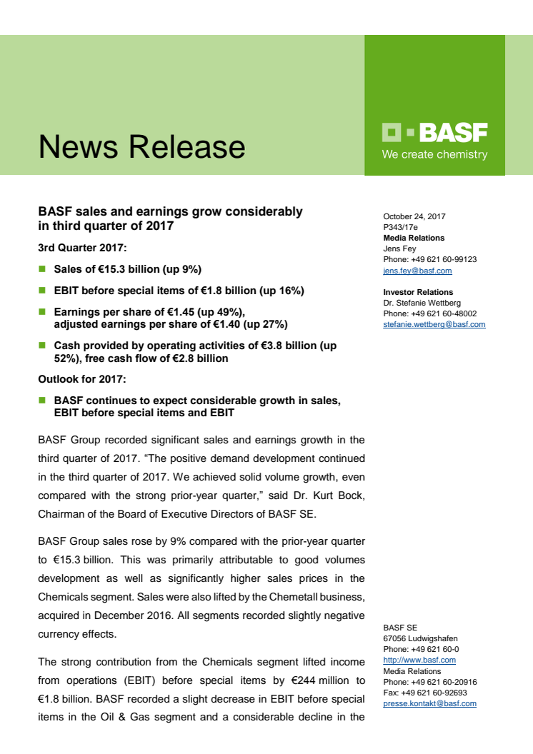 BASF øger omsætning og indtjening betydeligt i 3. kvartal 2017