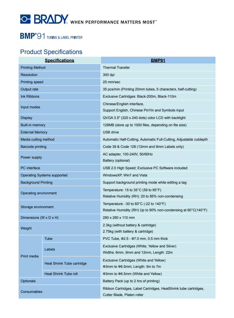 BMP91 Tubing & Label Printer Specifications