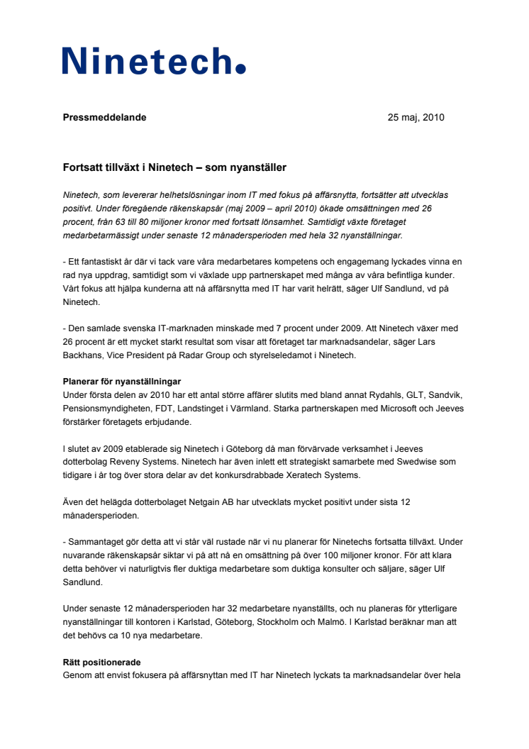 Fortsatt tillväxt i Ninetech – som nyanställer