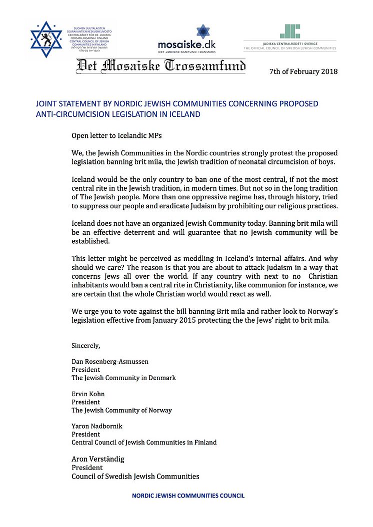 Joint statement to MPs from Nordic Jewish Communities on proposed anti-circumcision legislation in Iceland 