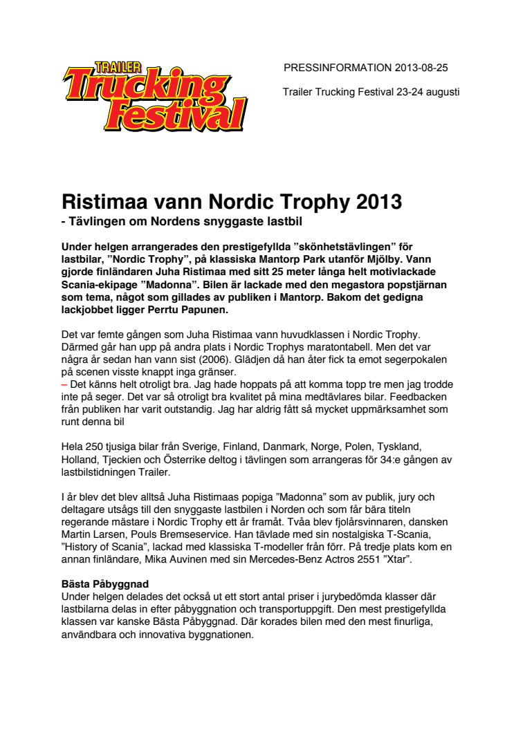 Ristimaa vann Nordic Trophy 2013 - Tävlingen om Nordens snyggaste lastbil