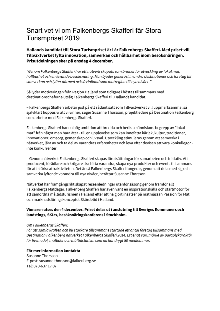 Snart vet vi om Falkenbergs Skafferi får Stora Turismpriset 2019