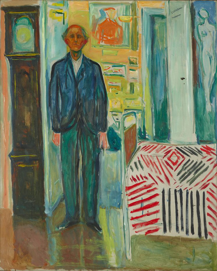 Edvard Munch: Selvportrett mellom klokken og sengen / Self-Portrait. Between the Clock and the Bed (1940-1943)