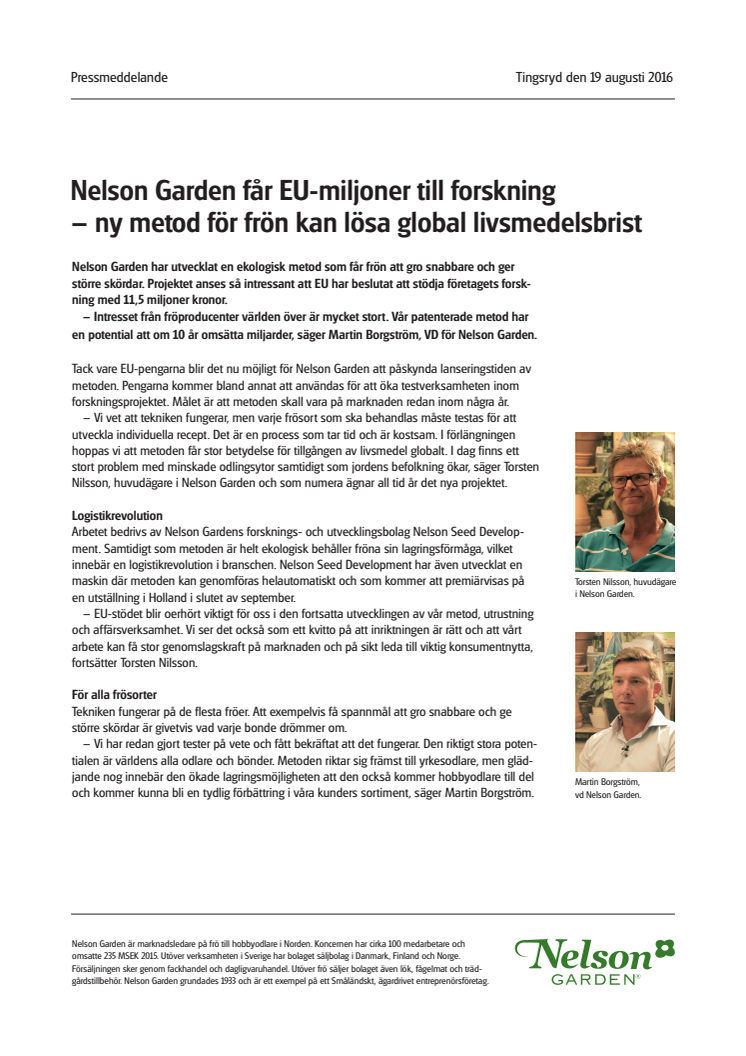 Nelson Garden får EU-miljoner till forskning