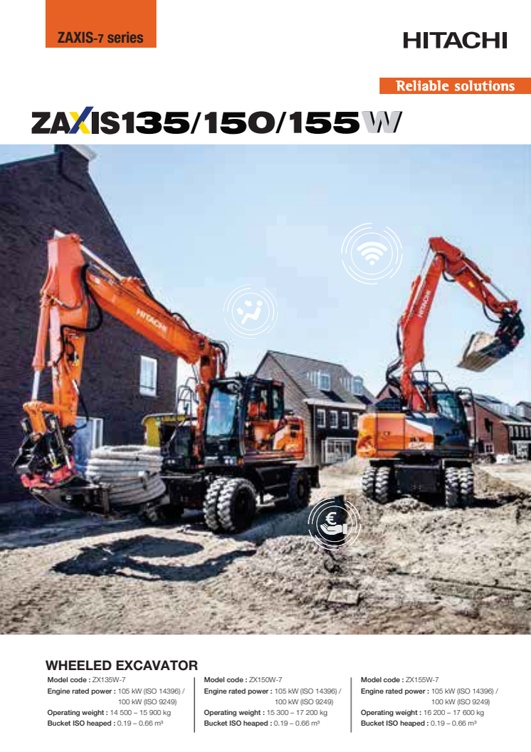 Hitachi Zaxis-7 hjulgrävare produktbroschyr eng. ZX135W-7, ZX150W-7, ZX155W-7