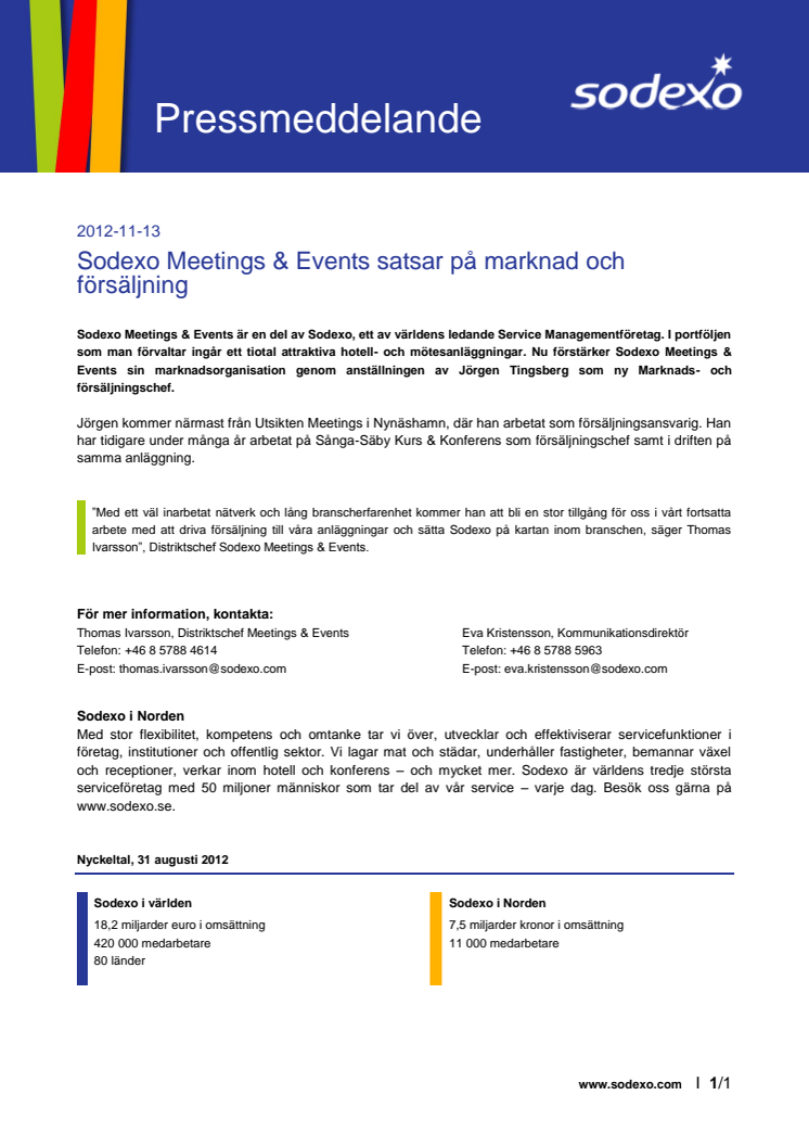 Sodexo Meetings & Events satsar på marknad och försäljning