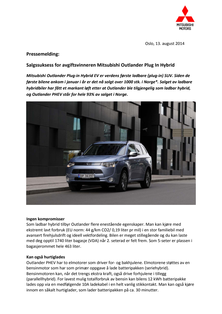 Salgssuksess for avgiftsvinneren Mitsubishi Outlander Plug-In Hybrid