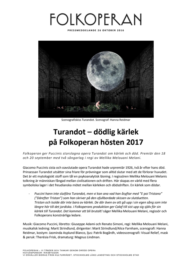 ​Turandot – dödlig kärlek på Folkoperan hösten 2017