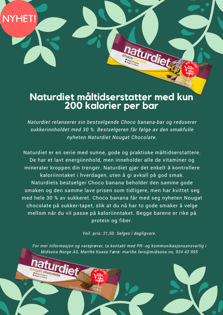 Nyhet! Naturdiet måltidserstatter med kun 200 kalorier per bar