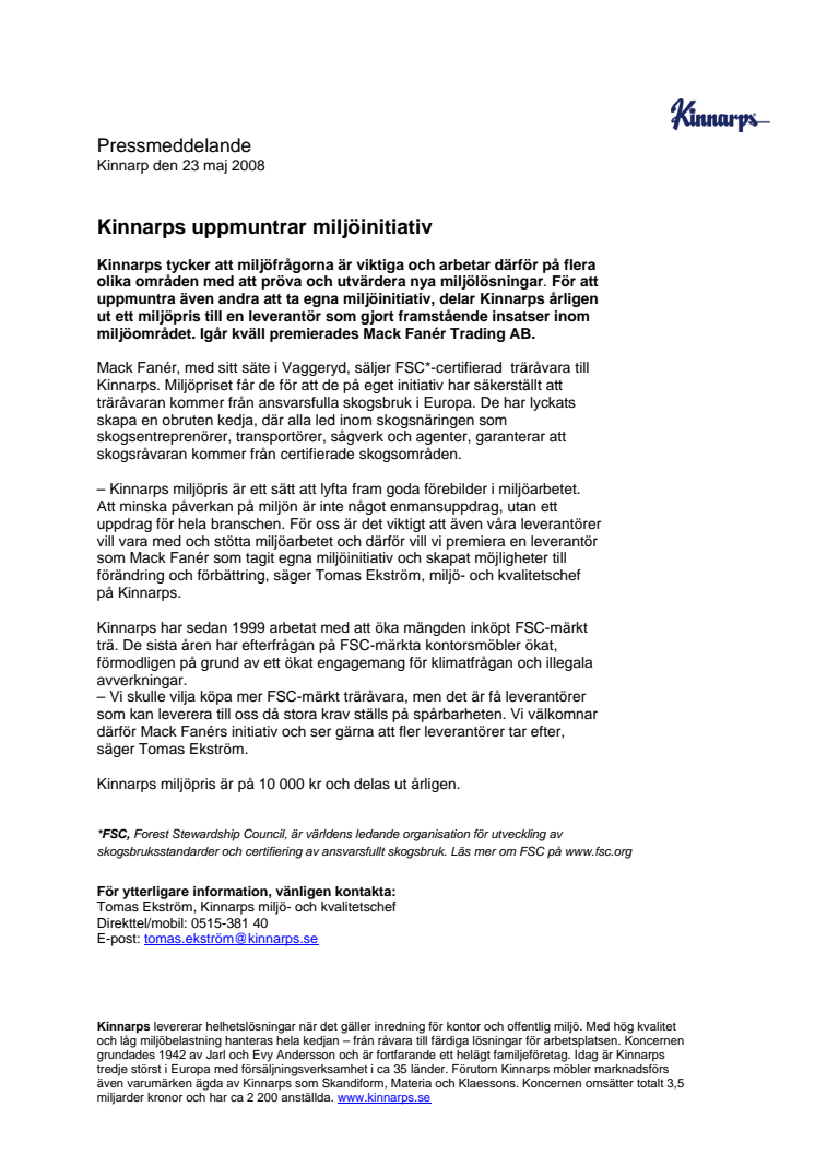 Kinnarps uppmuntrar miljöinitiativ