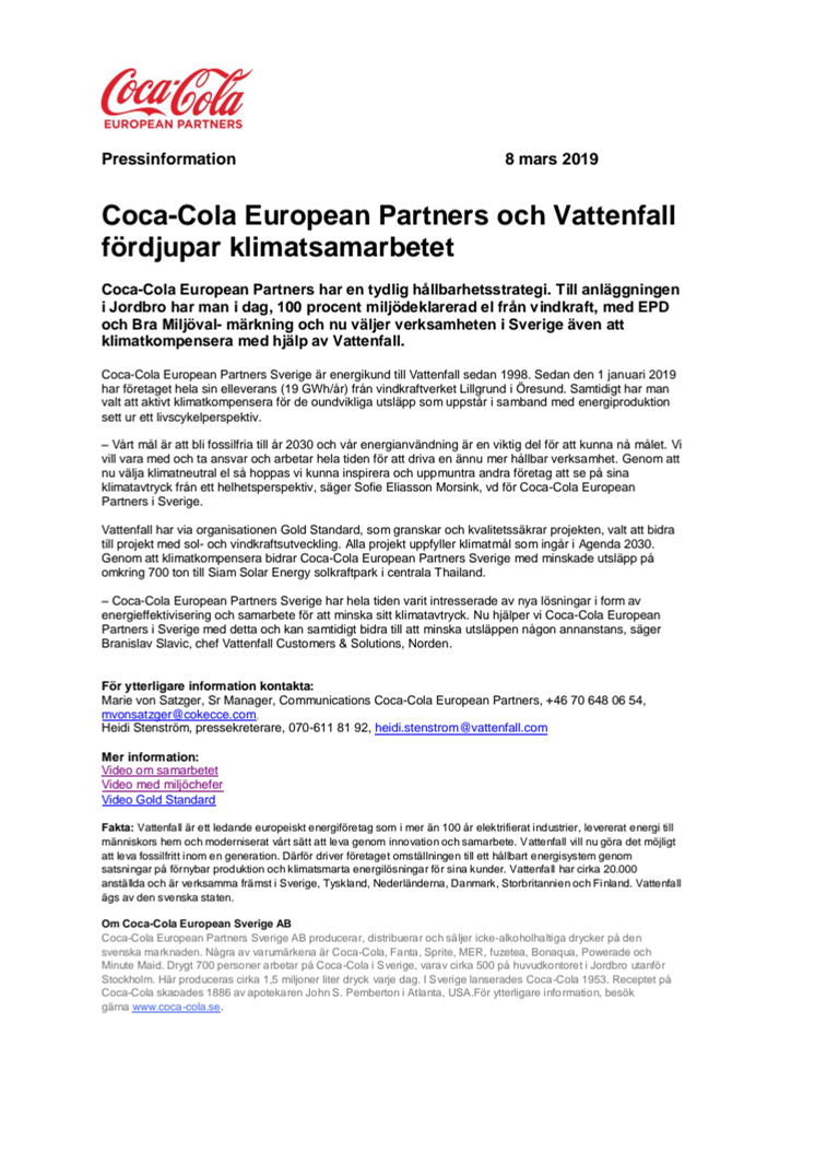 Coca-Cola European Partners och Vattenfall fördjupar klimatsamarbetet