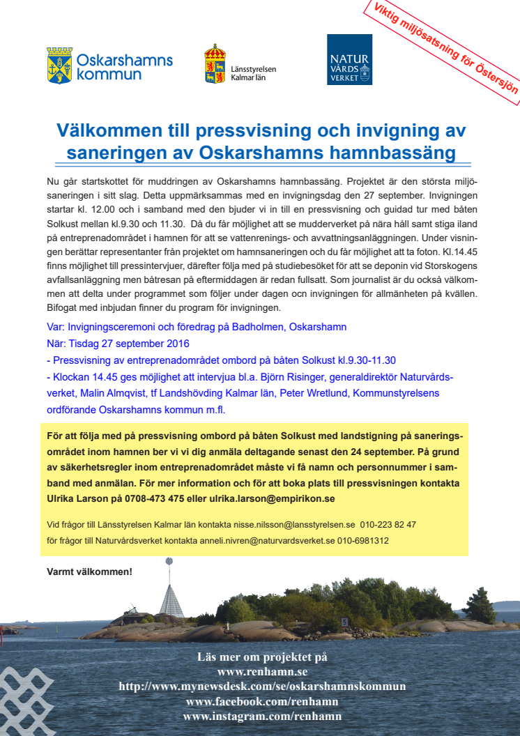 Pressinbjudan invigning 27 september,  sanering  Oskarshamns hamnbassäng