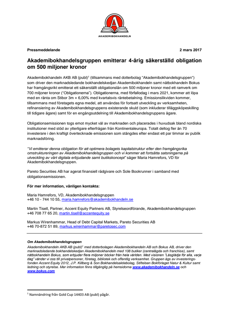 Akademibokhandelsgruppen emitterar 4-årig säkerställd obligation om 500 miljoner kronor