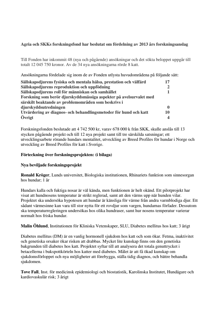 Fördelning av forskningsanslag ur Agrias och SKKs forskningsfond