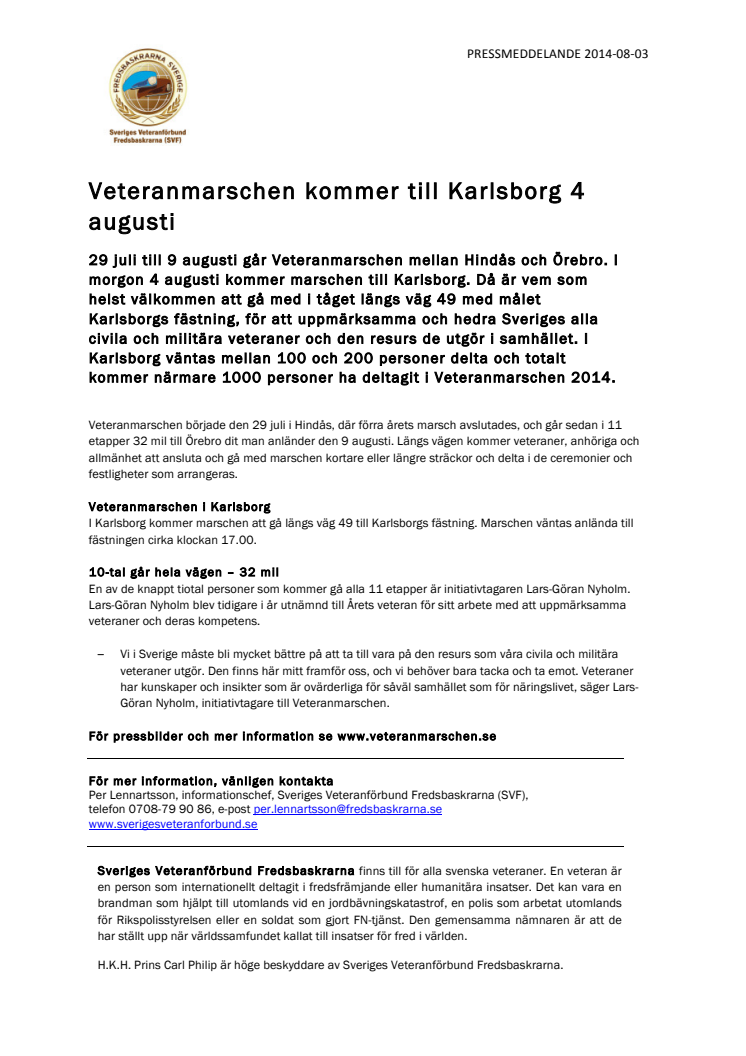 Veteranmarschen kommer till Karlsborg 4 augusti