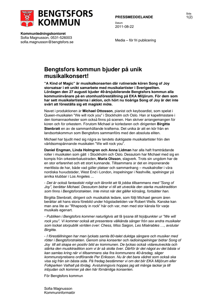 Bengtsfors kommun bjuder på unik musikalkonsert! 